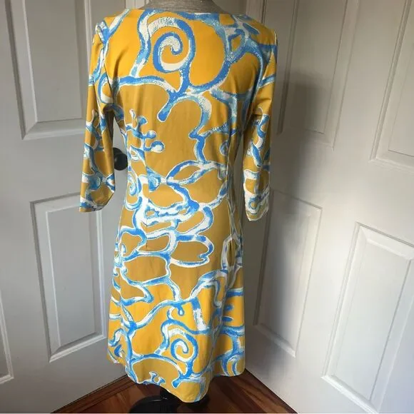 J McLaughlin Dress Small Multicolor 3/4 Sleeve Gold Yellow Blue Geometric Sz M - Picture 3 of 5